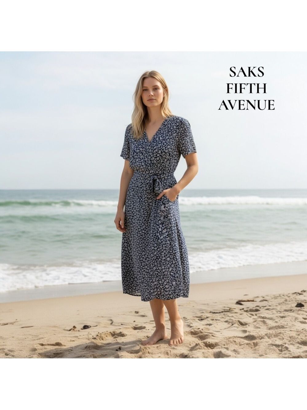 Saks Fifth Avenue 100% Viscose Floral Midi Dress Navy V Neck Flowy Casual EUC!